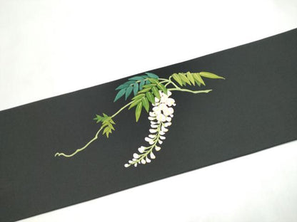 平和屋着物●塩瀬　九寸名古屋帯　藤花房　黒地　金彩　正絹　逸品　CABL9694hy