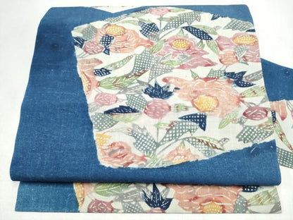 平和屋着物●全通柄　九寸名古屋帯　紬地　型染め　枝花文　正絹　逸品　CABL9697hy