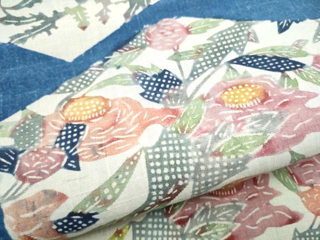 平和屋着物●全通柄　九寸名古屋帯　紬地　型染め　枝花文　正絹　逸品　CABL9697hy