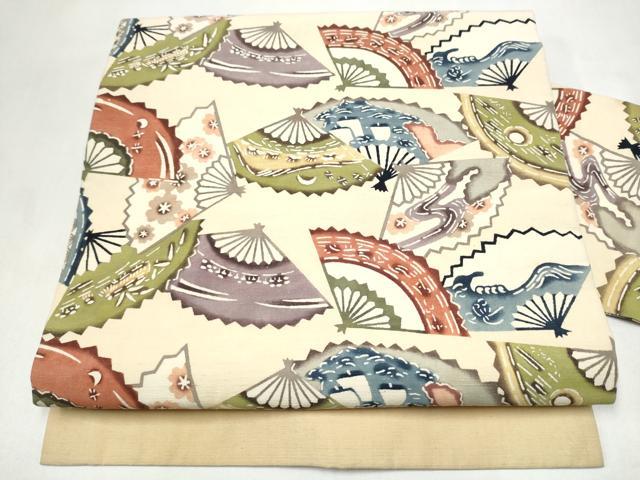 平和屋着物●九寸名古屋帯　紬地　型染め　扇面吉祥花文　正絹　逸品　CABL9699hy