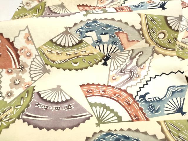平和屋着物●九寸名古屋帯　紬地　型染め　扇面吉祥花文　正絹　逸品　CABL9699hy
