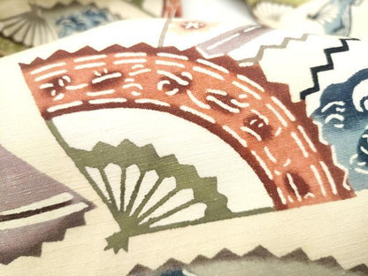 平和屋着物●九寸名古屋帯　紬地　型染め　扇面吉祥花文　正絹　逸品　CABL9699hy