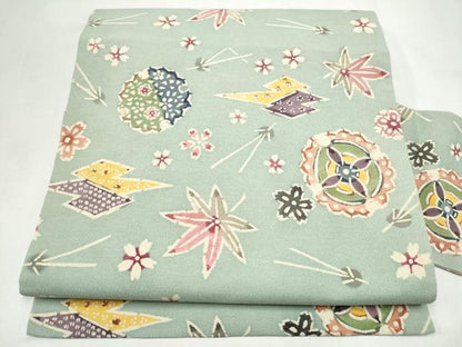 平和屋着物●全通柄　九寸名古屋帯　型染め　雪輪草花文　正絹　逸品　CABL9700hy