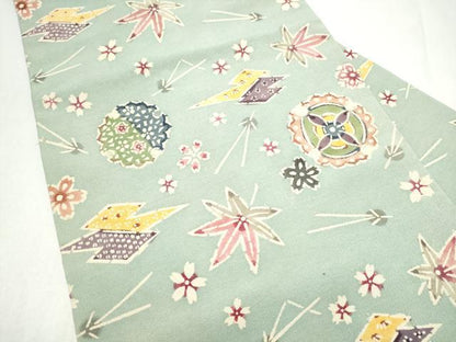 平和屋着物●全通柄　九寸名古屋帯　型染め　雪輪草花文　正絹　逸品　CABL9700hy