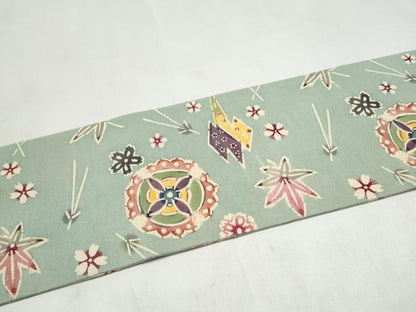 平和屋着物●全通柄　九寸名古屋帯　型染め　雪輪草花文　正絹　逸品　CABL9700hy