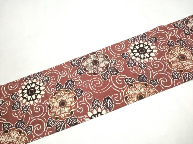 平和屋着物●九寸名古屋帯　型染め　花唐草文　正絹　逸品　CABL9704hy