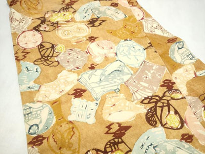 平和屋着物●全通柄　九寸名古屋帯　紬地　型染め　陶器文　正絹　逸品　CABL9705hy