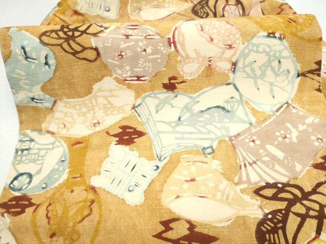平和屋着物●全通柄　九寸名古屋帯　紬地　型染め　陶器文　正絹　逸品　CABL9705hy