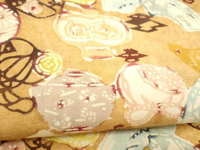 平和屋着物●全通柄　九寸名古屋帯　紬地　型染め　陶器文　正絹　逸品　CABL9705hy