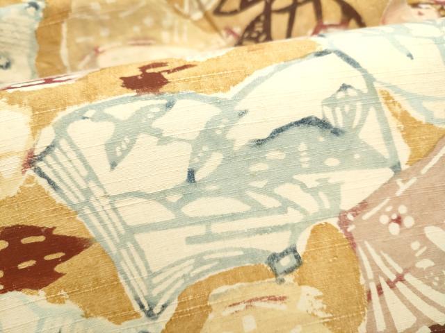 平和屋着物●全通柄　九寸名古屋帯　紬地　型染め　陶器文　正絹　逸品　CABL9705hy