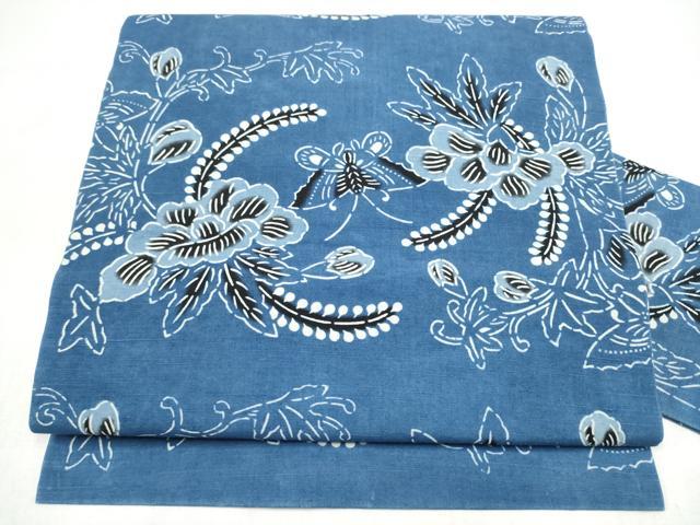 平和屋着物●九寸名古屋帯　紬地　藍　型染め　花蝶文　正絹　逸品　CABL9710hy