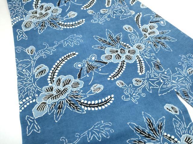 平和屋着物●九寸名古屋帯　紬地　藍　型染め　花蝶文　正絹　逸品　CABL9710hy