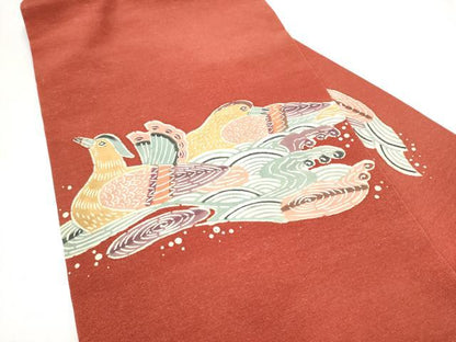 平和屋着物●九寸名古屋帯　紬地　型染め　流水鴛鴦文　正絹　逸品　CABL9711hy