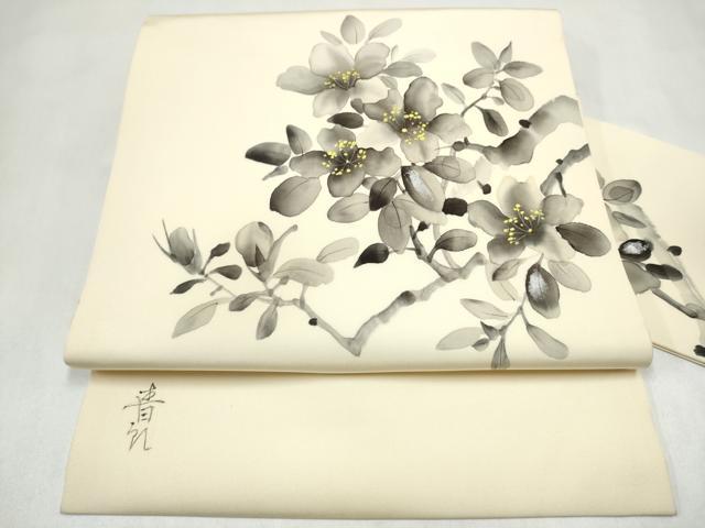 平和屋着物●塩瀬　九寸名古屋帯　作家物　手描き　枝花文　銀彩　正絹　逸品　CABL9719hy