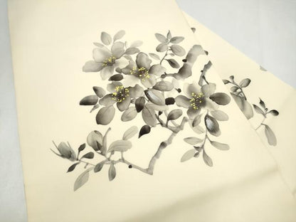 平和屋着物●塩瀬　九寸名古屋帯　作家物　手描き　枝花文　銀彩　正絹　逸品　CABL9719hy