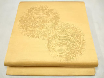 平和屋着物●中国三大刺繍　スワトウ相良刺繍　総刺繍　太鼓柄袋帯　雪輪草花文　蜂蜜色　正絹　逸品　未使用　CABL9740hy