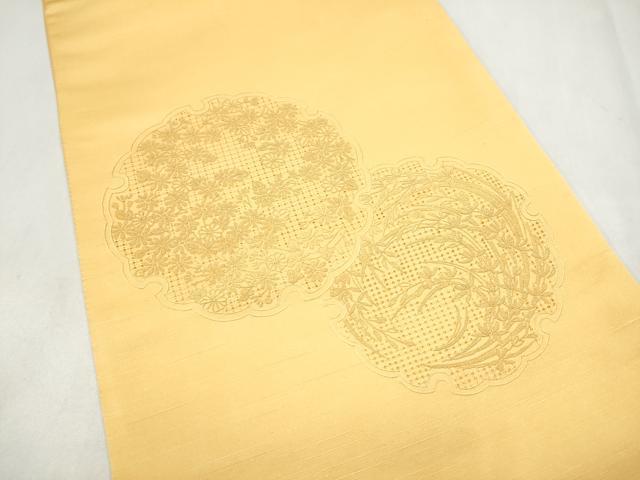 平和屋着物●中国三大刺繍　スワトウ相良刺繍　総刺繍　太鼓柄袋帯　雪輪草花文　蜂蜜色　正絹　逸品　未使用　CABL9740hy