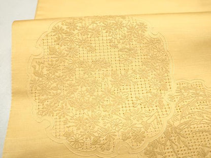 平和屋着物●中国三大刺繍　スワトウ相良刺繍　総刺繍　太鼓柄袋帯　雪輪草花文　蜂蜜色　正絹　逸品　未使用　CABL9740hy
