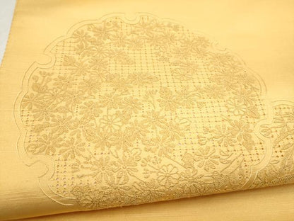 平和屋着物●中国三大刺繍　スワトウ相良刺繍　総刺繍　太鼓柄袋帯　雪輪草花文　蜂蜜色　正絹　逸品　未使用　CABL9740hy