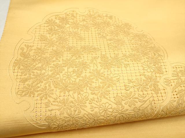 平和屋着物●中国三大刺繍　スワトウ相良刺繍　総刺繍　太鼓柄袋帯　雪輪草花文　蜂蜜色　正絹　逸品　未使用　CABL9740hy