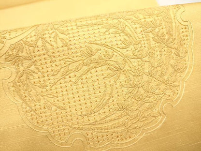 平和屋着物●中国三大刺繍　スワトウ相良刺繍　総刺繍　太鼓柄袋帯　雪輪草花文　蜂蜜色　正絹　逸品　未使用　CABL9740hy