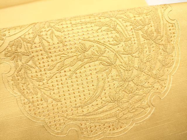 平和屋着物●中国三大刺繍　スワトウ相良刺繍　総刺繍　太鼓柄袋帯　雪輪草花文　蜂蜜色　正絹　逸品　未使用　CABL9740hy