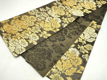 平和屋着物●両面　六通柄袋帯　草花文　金糸　正絹　逸品　CABL9754hy