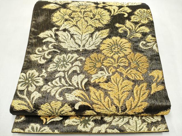 平和屋着物●両面　六通柄袋帯　草花文　金糸　正絹　逸品　CABL9754hy