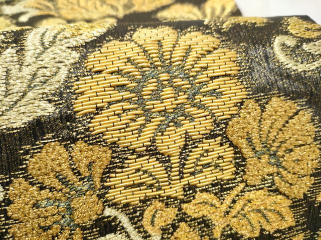 平和屋着物●両面　六通柄袋帯　草花文　金糸　正絹　逸品　CABL9754hy