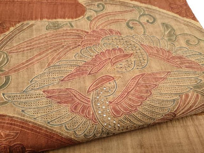 平和屋着物●中国三大刺繍　スワトウ相良刺繍　総刺繍　太鼓柄袋帯　紬地　向かい鳥花文　正絹　逸品　CABL9757hy