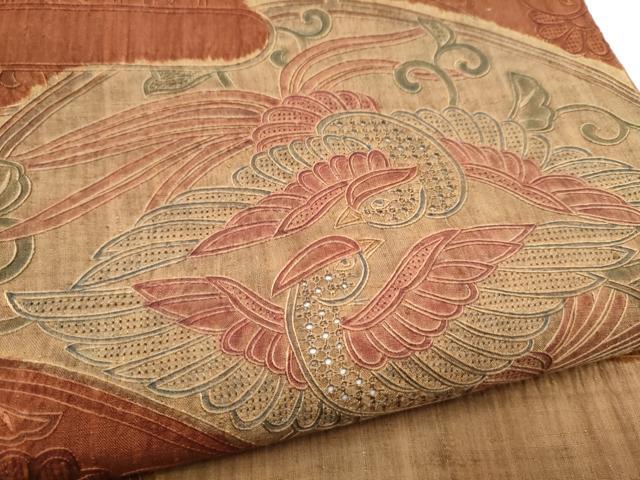 平和屋着物●中国三大刺繍　スワトウ相良刺繍　総刺繍　太鼓柄袋帯　紬地　向かい鳥花文　正絹　逸品　CABL9757hy