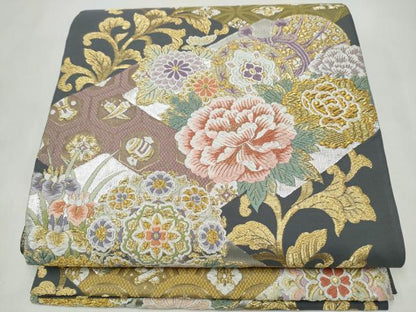平和屋着物●六通柄袋帯　唐織　宝寿菱華文　金糸　正絹　逸品　CABL9764hy