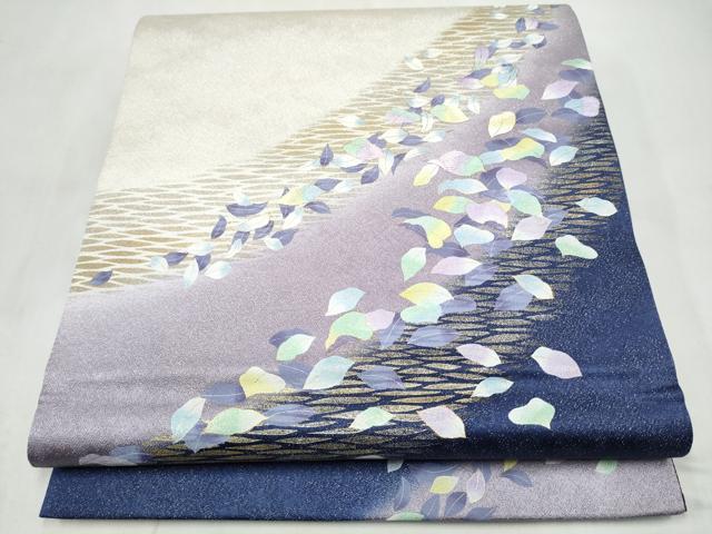 平和屋着物●太鼓柄袋帯　刺繍　舞葉文　金彩　銀通し地　正絹　逸品　CABL9768hy