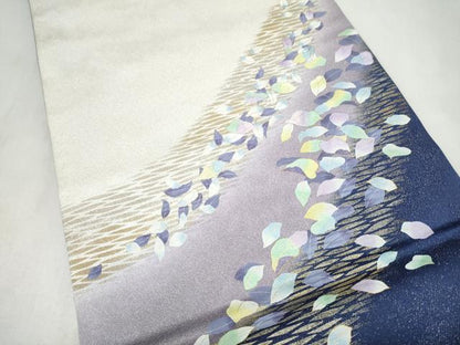 平和屋着物●太鼓柄袋帯　刺繍　舞葉文　金彩　銀通し地　正絹　逸品　CABL9768hy