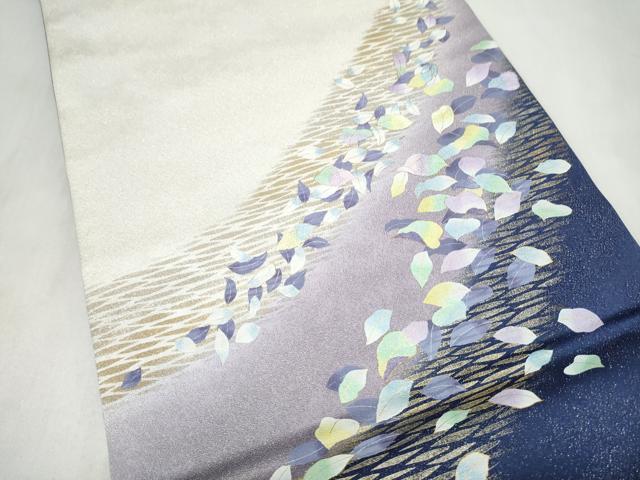平和屋着物●太鼓柄袋帯　刺繍　舞葉文　金彩　銀通し地　正絹　逸品　CABL9768hy