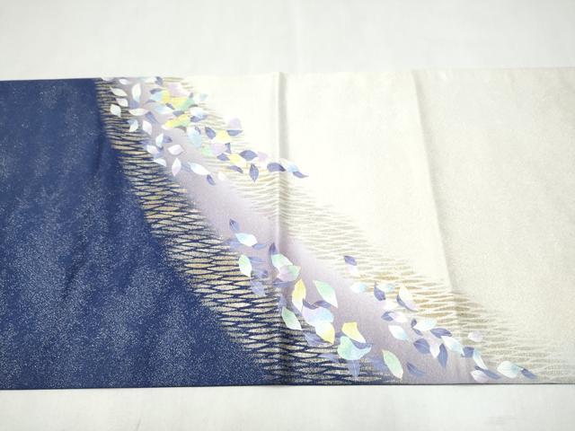 平和屋着物●太鼓柄袋帯　刺繍　舞葉文　金彩　銀通し地　正絹　逸品　CABL9768hy