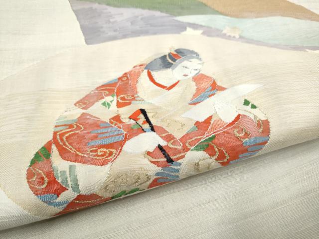 平和屋着物●太鼓柄袋帯　すくい織　地紙人物文　金糸　正絹　逸品　CABL9777hy