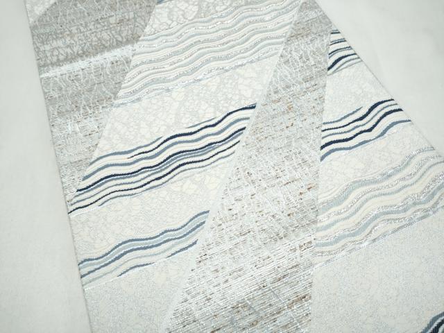 平和屋着物●六通柄袋帯　ぜんまい紬織　藍染苑　よろけ縞　銀糸　正絹　逸品　CABL9781hy