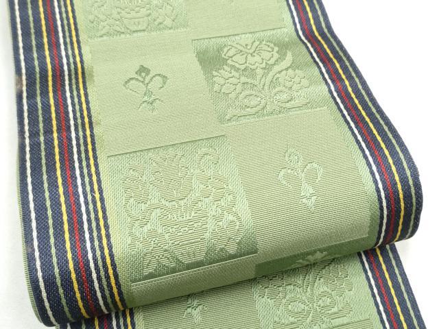 平和屋着物●本場筑前博多織　半幅帯　市松花文　正絹　逸品　CABL9813hy