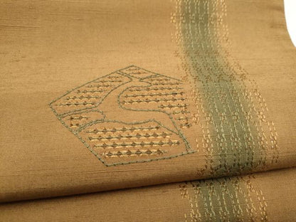 平和屋着物●太鼓柄袋帯　紬地　刺繍　幾何学文様　金糸　正絹　逸品　CABL9887hy
