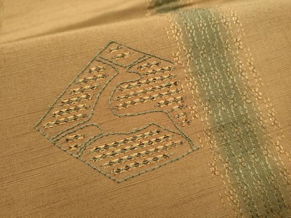 平和屋着物●太鼓柄袋帯　紬地　刺繍　幾何学文様　金糸　正絹　逸品　CABL9887hy