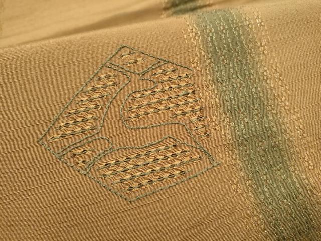 平和屋着物●太鼓柄袋帯　紬地　刺繍　幾何学文様　金糸　正絹　逸品　CABL9887hy