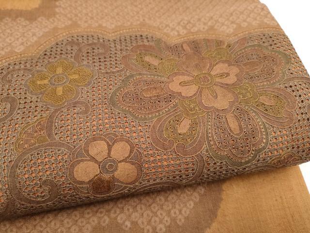 平和屋着物●中国三大刺繍　スワトウ相良刺繍　太鼓柄袋帯　紬地　花唐草文　正絹　逸品　CABL9896hy