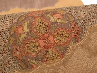 平和屋着物●中国三大刺繍　スワトウ相良刺繍　太鼓柄袋帯　紬地　花唐草文　正絹　逸品　CABL9896hy