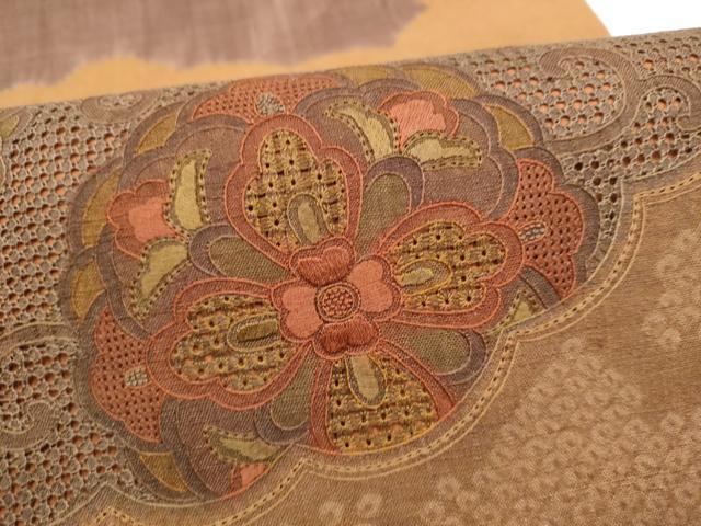 平和屋着物●中国三大刺繍　スワトウ相良刺繍　太鼓柄袋帯　紬地　花唐草文　正絹　逸品　CABL9896hy