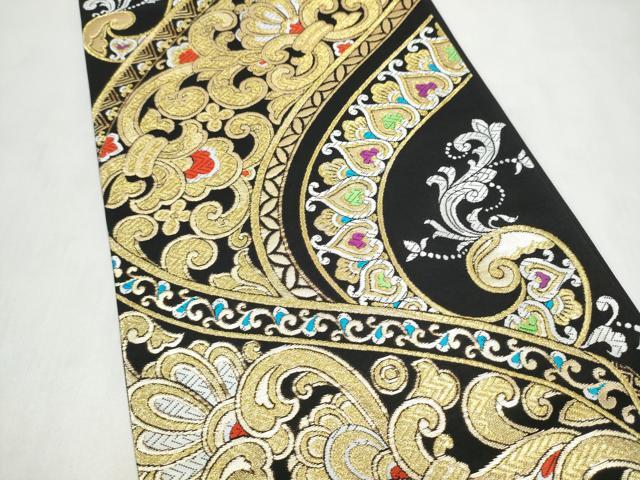 平和屋着物●西陣　沢本織物謹製　六通柄袋帯　更紗花唐草文　黒地　金糸　証紙付き　正絹　逸品　CABL9897hy