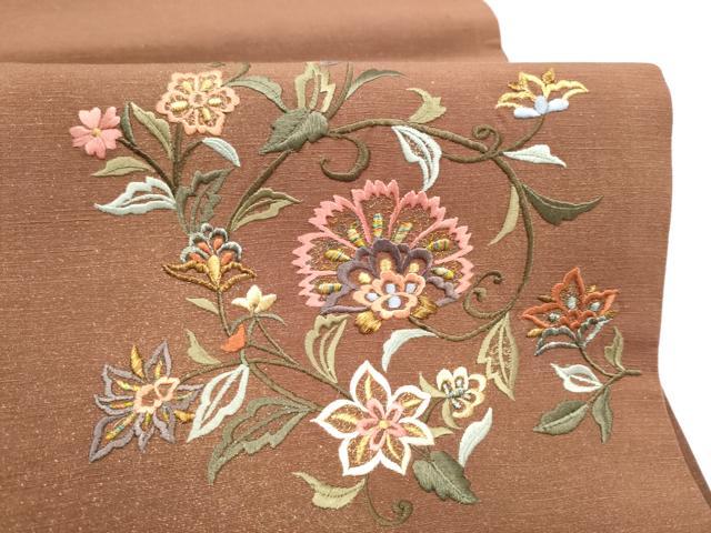 平和屋着物●太鼓柄袋帯　総刺繍　結城紬　更紗花唐草文　金彩　証紙付き　正絹　逸品　CABL9928hy
