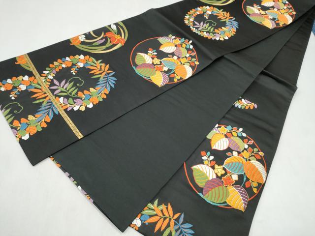 平和屋着物●六通柄袋帯　唐織　草花丸文　黒地　金糸　正絹　逸品　CABL9935hy