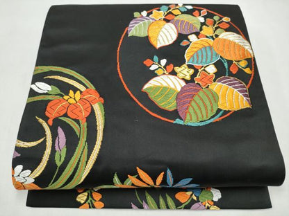 平和屋着物●六通柄袋帯　唐織　草花丸文　黒地　金糸　正絹　逸品　CABL9935hy
