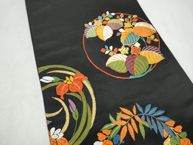 平和屋着物●六通柄袋帯　唐織　草花丸文　黒地　金糸　正絹　逸品　CABL9935hy